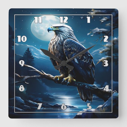 Adler auf Zweig unter Vollmondlicht Quadratische Wanduhr (Vorderseite)