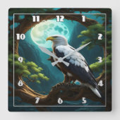 Adler auf Zweig unter Vollmondnacht Quadratische Wanduhr (Vorderseite)