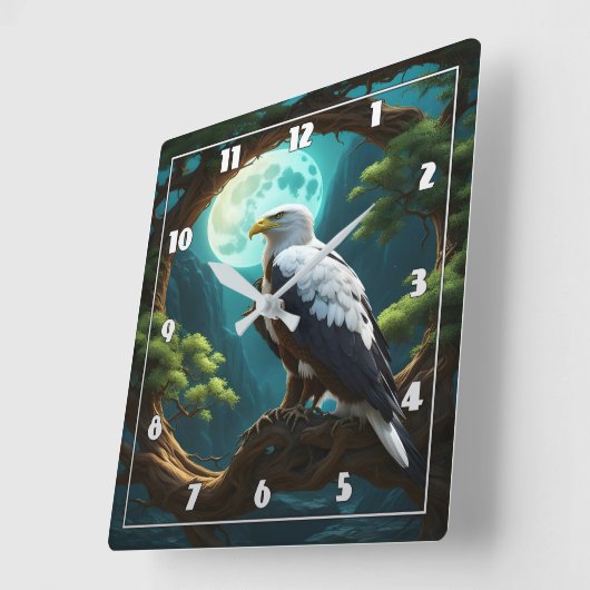 Adler auf Zweig unter Vollmondnacht Quadratische Wanduhr (Winkel)