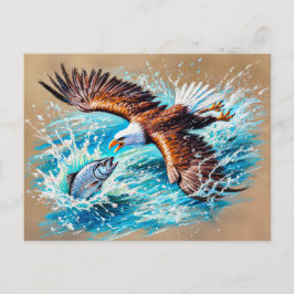 Adler, der über den Fluss fliegt und für Lachs Pas Postkarte