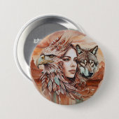 Adler - Frau - Wolf - Aquarellkunst 1 - Fanspass Button (Vorne & Hinten)