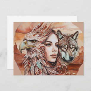 Adler - Frau - Wolf - Aquarellkunst 1 - Fanspass Postkarte