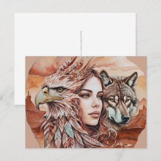 Adler - Frau - Wolf - Aquarellkunst 1 - Fanspass Postkarte