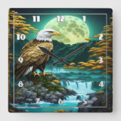 Adler in der Nähe des Wasserfalls unter Vollmond Quadratische Wanduhr (Vorderseite)