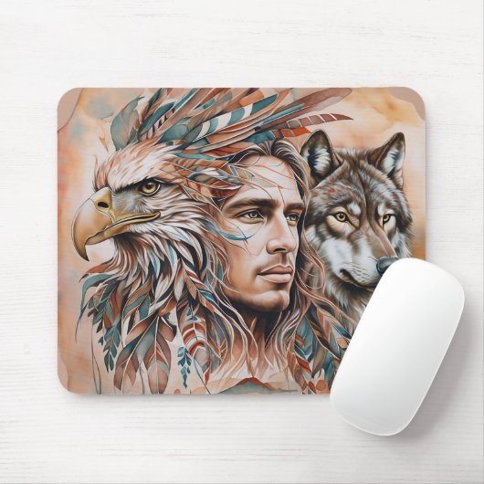 Adler - Mann - Wolf - Aquarellkunst 1 - Fanspass Mousepad (Mit Mouse)