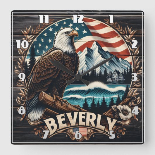 Adler mit Bergen und Flaggenhintergrund Quadratische Wanduhr (Vorderseite)