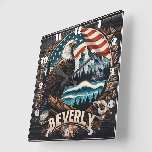 Adler mit Bergen und Flaggenhintergrund Quadratische Wanduhr (Winkel)