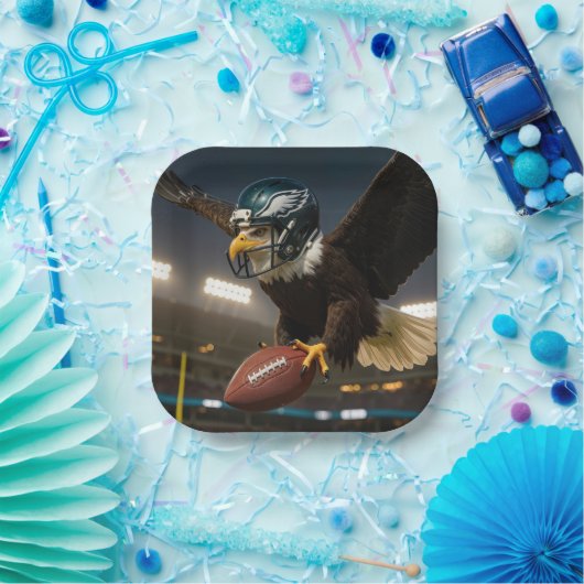 Adler mit Fußball und Helm im Stadion Pappteller (Party)
