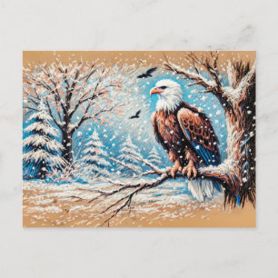 Adler sitzt auf einem Baum während des Schneefalls Postkarte