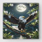Adler Spread Flügel auf Zweig unter Mondlicht Quadratische Wanduhr (Vorderseite)
