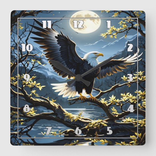 Adler spuckt Flügel auf Zweig unter Nachtschwärme Quadratische Wanduhr (Vorderseite)
