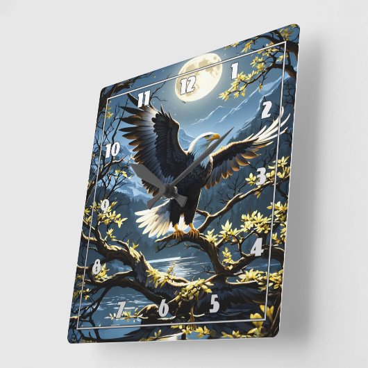 Adler spuckt Flügel auf Zweig unter Nachtschwärme Quadratische Wanduhr (Winkel)