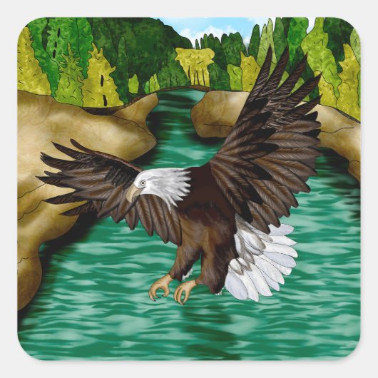 Adler über dem Fluss in den Bergen fliegen Quadratischer Aufkleber (Vorderseite)