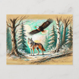 Adler und Wolf im Zeichnend Wald-Pastell-Kalk Postkarte