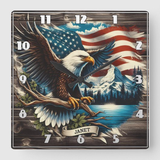 Adler unter amerikanischer Flagge Quadratische Wanduhr (Vorderseite)