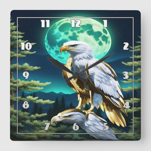 Adler unter dem Mondlicht-Himmel im Wald Quadratische Wanduhr (Vorderseite)