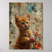 Adlige Ingwer Kitten mit garnblauem Schmetterling Poster (Vorne)