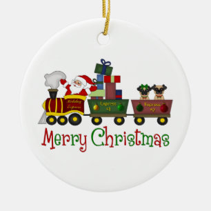 Adlige Möpsen und T-Shirts des Santa-in-Toy-Train Keramikornament