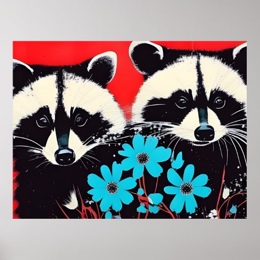 Adlige Raccoons mit blauem Blumenhintergrund Poster (Vorne)