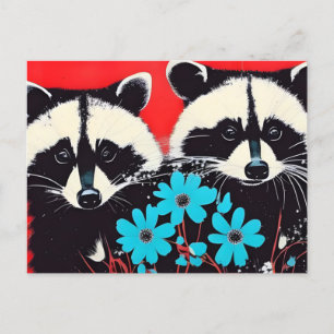 Adlige Raccoons mit blauem Blumenhintergrund Postkarte