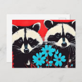 Adlige Raccoons mit blauem Blumenhintergrund Postkarte (Vorne/Hinten)