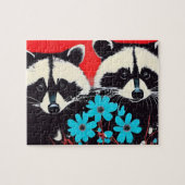 Adlige Raccoons mit blauem Blumenhintergrund Puzzle (Horizontal)