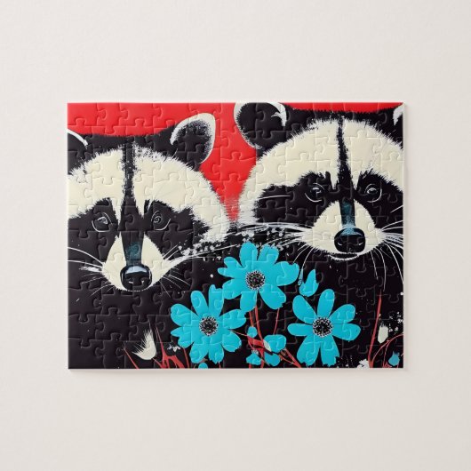 Adlige Raccoons mit blauem Blumenhintergrund Puzzle (Horizontal)
