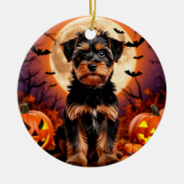 Adlige Welpe mit Halloween-Hintergrund Keramik Ornament