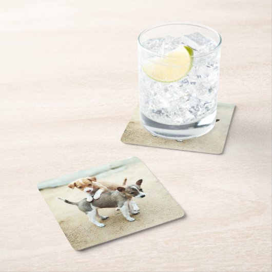 Adlige Welpen spielen am Strand Rechteckiger Pappuntersetzer (Vor Ort)