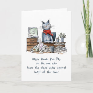 Admin Pro Day Funny Frauenkatze am Schreibtisch mi Karte