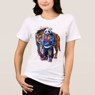 ADOM Premium Künstlerischer Panda- und Tiger-Grafi Tri-Blend Shirt
