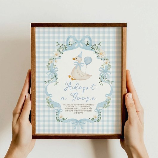 Adopt a Goose Blue Bow Gingham Birthday Decor Sign Poster