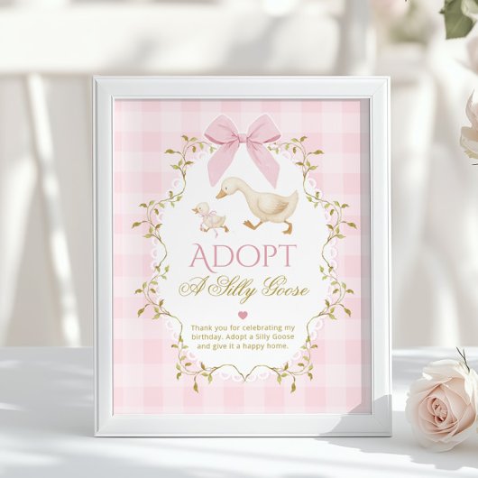 Adopt A Silly Goose Pink Gingham 1st Birthday Poster