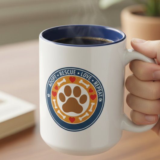 Adopt Rescue Love Repeat Paw Print Zweifarbige Tasse