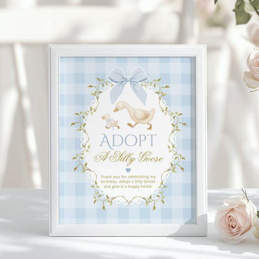 Adoptiere eine alberne Gans Blau Gingham 1. Geburt Poster