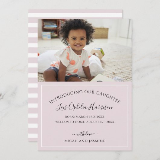 Adoption Ankündigung Rosa und Weiß Streifen (Vorne/Hinten)