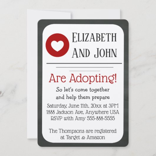 Adoption Dusche Rot und Schwarz Chalkboard Einladu Einladung (Vorderseite)