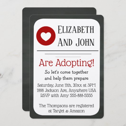 Adoption Dusche Rot und Schwarz Chalkboard Einladu Einladung (Vorne/Hinten)
