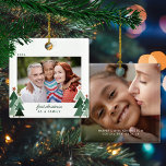 Adoption Erstes Weihnachtsfest Rustikale Bäume Fot Keramikornament<br><div class="desc">Erste Weihnachten als Familie! Perfekt für Adoptionen, für Junggebliebene, Gotcha-Tag, hausgemachte Feiern oder Familienfeiern! Niedliche, moderne und dennoch rustikale Weihnachtsfeiertage Foto Square Ornamente mit bezaubernden kleinen Wäldern von rustikalen Weihnachtsbäumen und frohe Weihnachten in der modernen Typografie. Fügen Sie 2 Ihrer Lieblings-Fotos für den perfekten Ornament! Bitte kontaktieren Sie uns unter...</div>