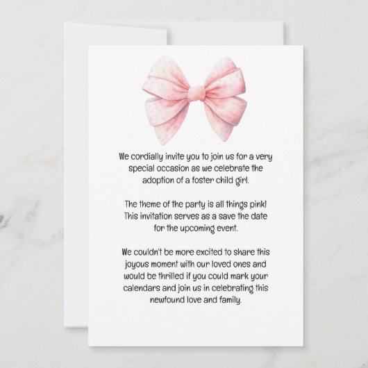 Adoption Foster Child Girl Pink Themenparty Einladung (Rückseite)