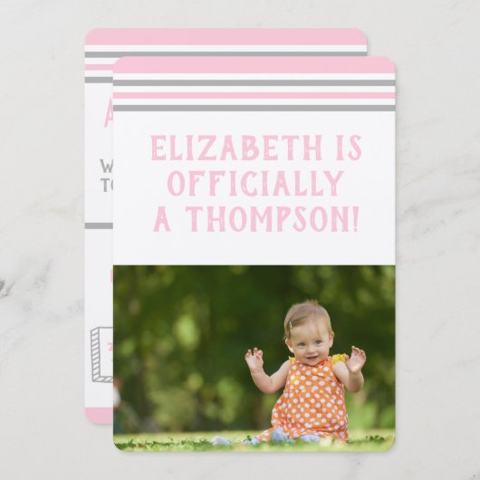 Adoption Party Moderne Rosa und Graue Streifen Einladung (Vorne/Hinten)