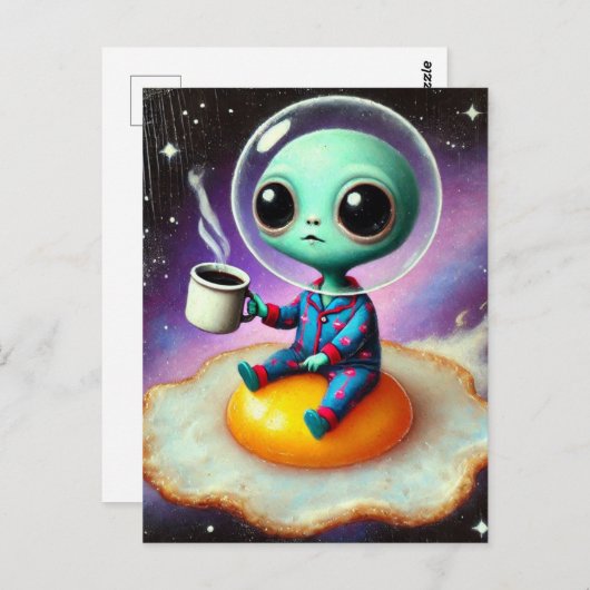 Adorable Alien Ei im Raum mit Kaffee schweben Postkarte (Vorne/Hinten)