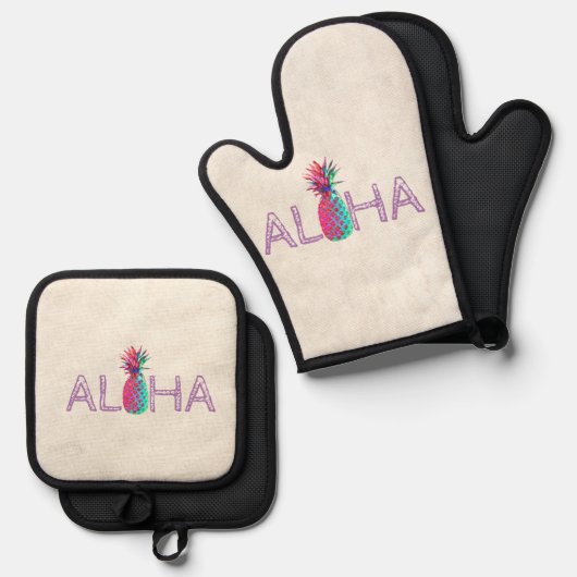 Adorable Aloha Hawaiian Ananas Ofenhandschuh & Topflappen-Set (Vorderseite/Rückseite)