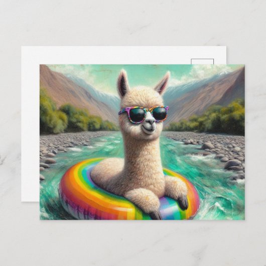 Adorable Alpaca auf einem Regenbogenfarbenfloss Postkarte (Vorne/Hinten)