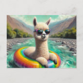 Adorable Alpaca auf einem Regenbogenfarbenfloss Postkarte (Vorderseite)