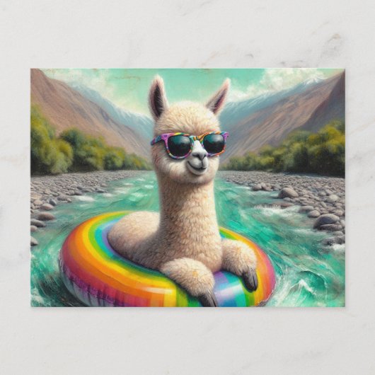 Adorable Alpaca auf einem Regenbogenfarbenfloss Postkarte (Vorderseite)