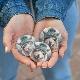 Adorable Alpaka mit blauer Mütze anpassbar Button