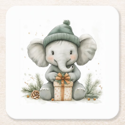 Adorable Animal Christmas Series Baby Elephant Rechteckiger Pappuntersetzer (Vorderseite)