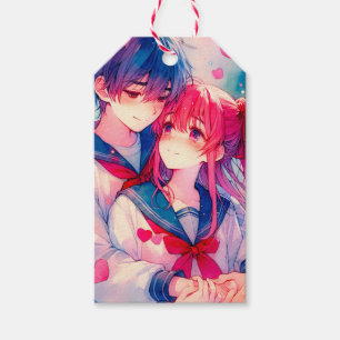 Adorable Anime Boy and Girl Red Hearts Geschenkanhänger