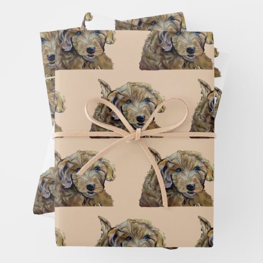 Adorable Apricot Goldendoodle Welpenpastel Zeichne Geschenkpapier Set (Beispiel)